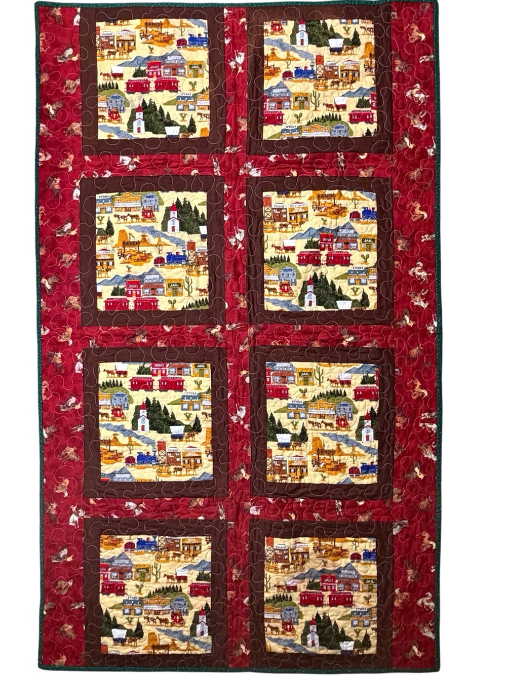 Handmade Western themed Patchwork lap Quilt - Red/Brown/Green 63 x 38 inches